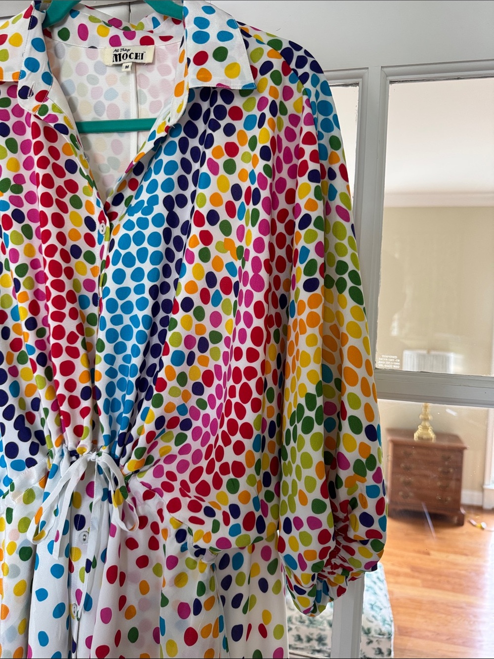 Colorful Polka Dot Drawstring Waist High Low Shirt Mini Dress - All Things Mochi - Picture 6 of 9